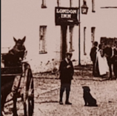 Historic London Inn sign with people, a dog, and horse-drawn carriage.