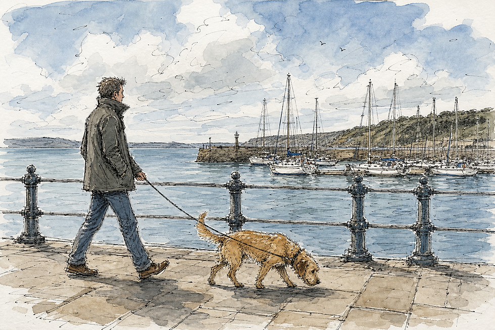 A dog and owner walking along a Victorian seafront promenade with a marina and moored boats in the background