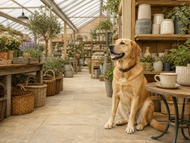 Dog resting inside a dog-friendly independent garden centre with homeware shelves and a coffee cup nearby