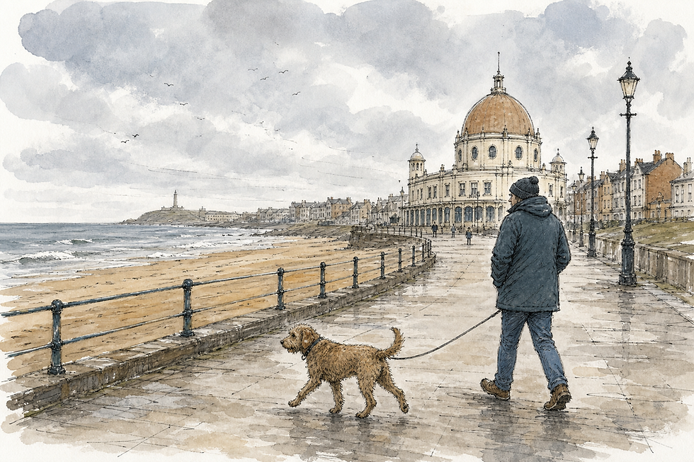 A dog and owner walking along Whitley Bay promenade with the Spanish City dome visible in the background