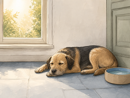 A dog resting on a cool tiled floor in the shade indoors on a warm day, with a full water bowl beside them