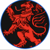 Red lion rampant on a black background, encircled by a blue ring.