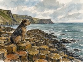 A dog sitting on the hexagonal basalt columns of the Giant's Causeway with the sea and coastline behind