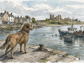 A dog on a lead standing on a Northumberland harbour quay, with boats on the river and a castle ruin sketched in the distance