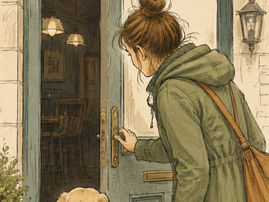 A woman opening a door tentatively whilst holding a lead.
