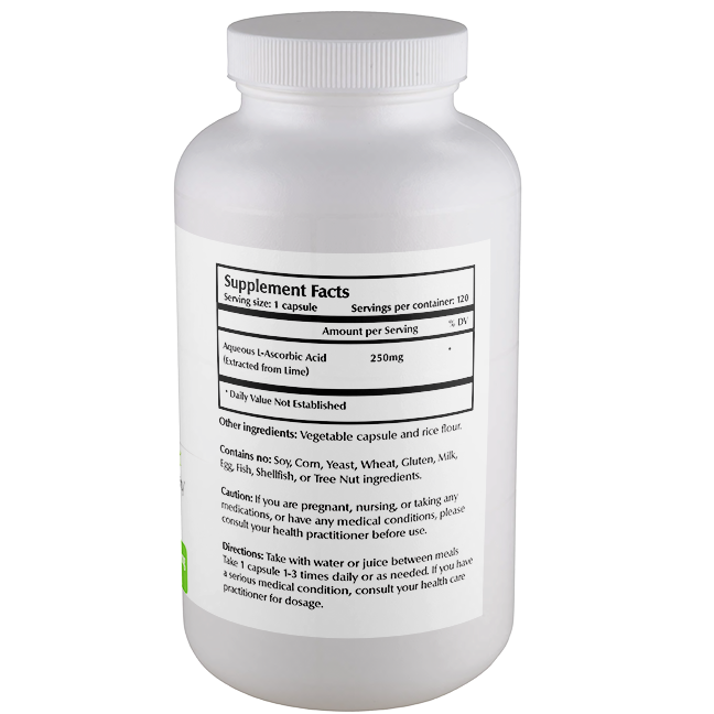 Back of One Planet Nutrition Nano Vitamin C Capsules bottle label - shows