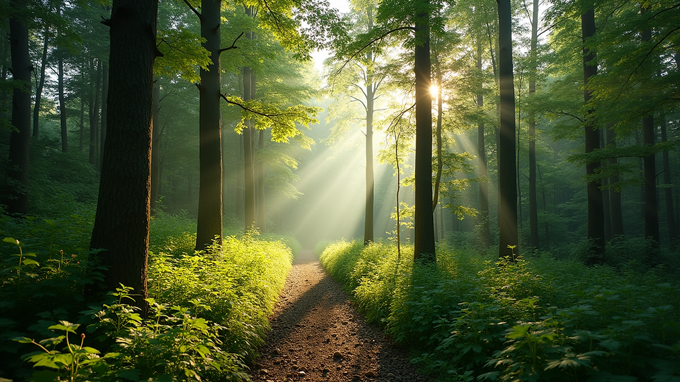 Wide angle view of a lush green forest with sunlight filtering through the trees
