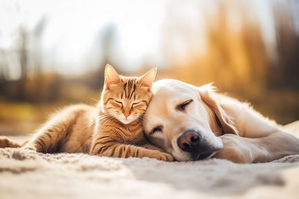 寄り添って寝る犬と猫
