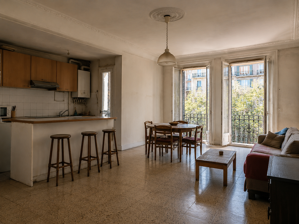 Antes de reforma integral en piso antiguo del Eixample de Barcelona con cocina y salón comedor.