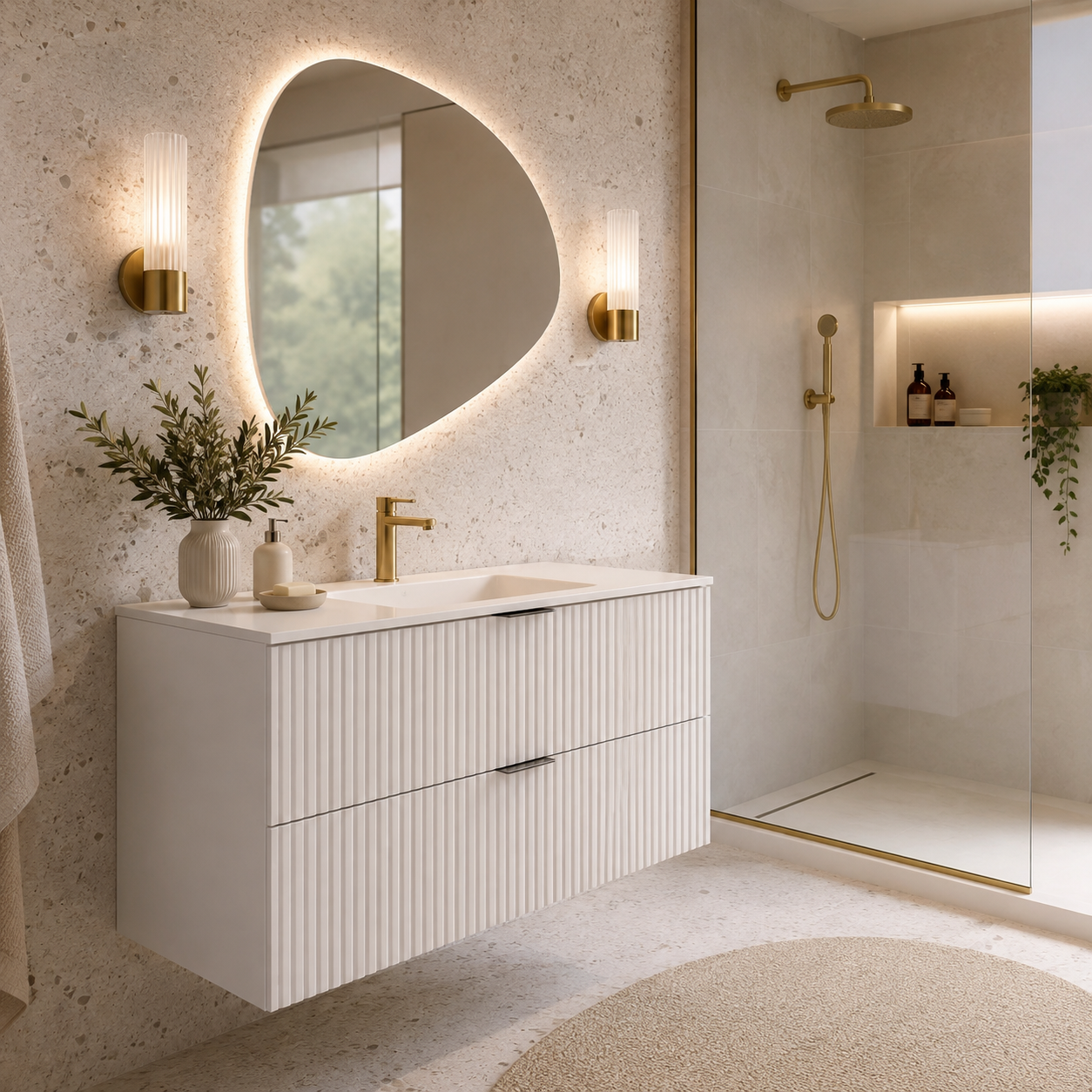 Mueble de baño suspendido Nara White Cotton – 2 cajones acanalados