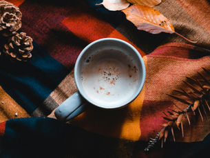 A cozy scene with a mug of coffee on a colorful plaid blanket, surrounded by pinecones and leaves, creating an autumnal mood.