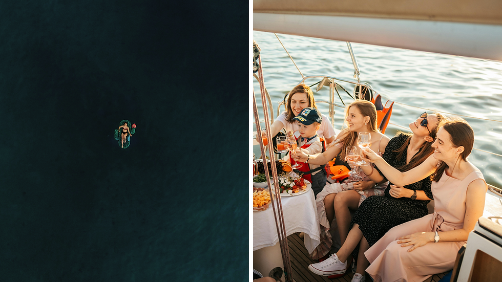 On the left, a person floats on a raft in dark water. On the right, a group enjoys a meal on a boat, raising glasses, smiling by the sea.