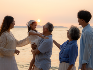 Family enjoys sunset on the beach; an elderly man lifts a smiling girl in white. Warm skies, calm water set a joyful mood.