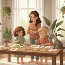 Children painting at a wooden table with natural brushes and leaves, cats watching from sunny window ledge.