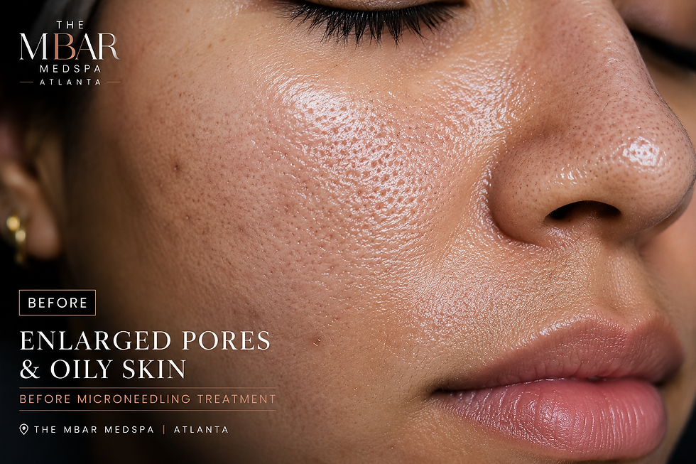 Close-up of oily facial skin with enlarged pores before microneedling treatment at The Mbar Medspa in Atlanta.