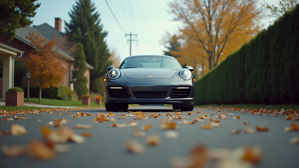 Eye-level view of a car parked in a driveway