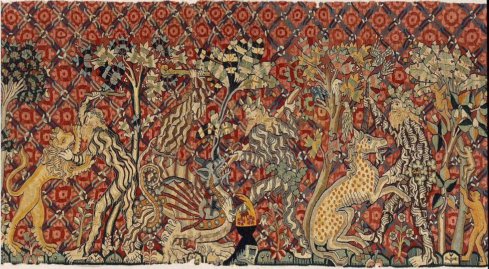 Wartburg tapestry close up of wild men wrestling animals