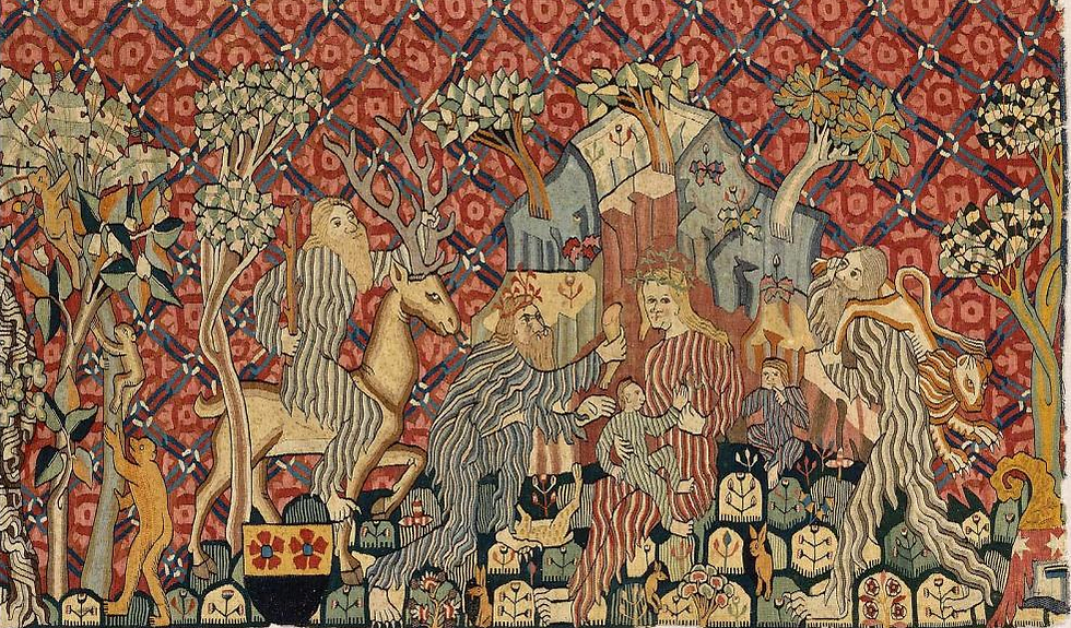 Wartburg tapestry closeup of wild woman and wild men