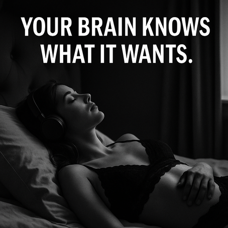 woman laying on her bed listening to headphones. Caption reads: "your brain knows what it wants"