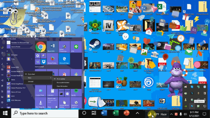 An extremely cluttered computer desktop screen