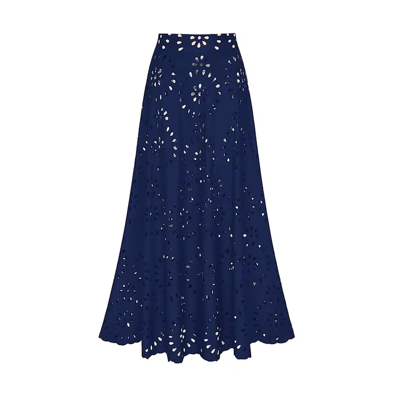 Thumbnail: Navy blue eyelet maxi skirt with floral embroidery