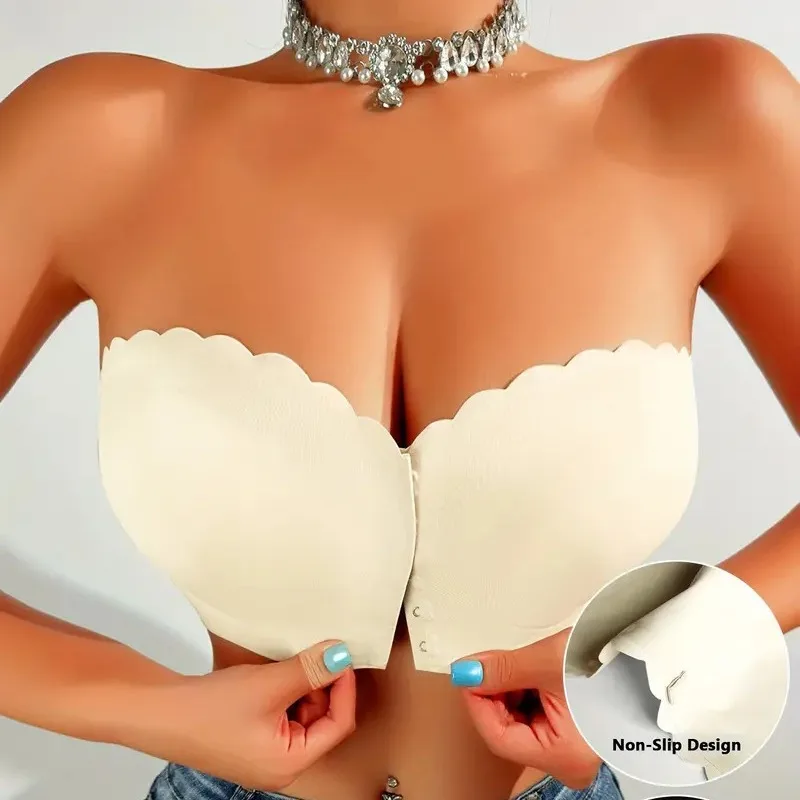 Seamless strapless front closure wireless push up bra