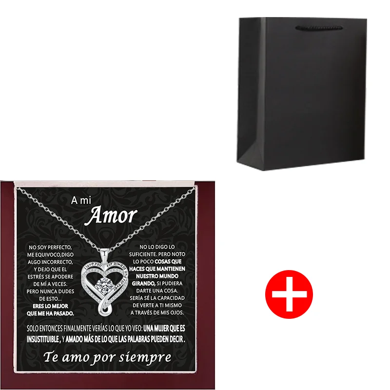 Thumbnail: Heart necklace with Spanish message and black gift bag