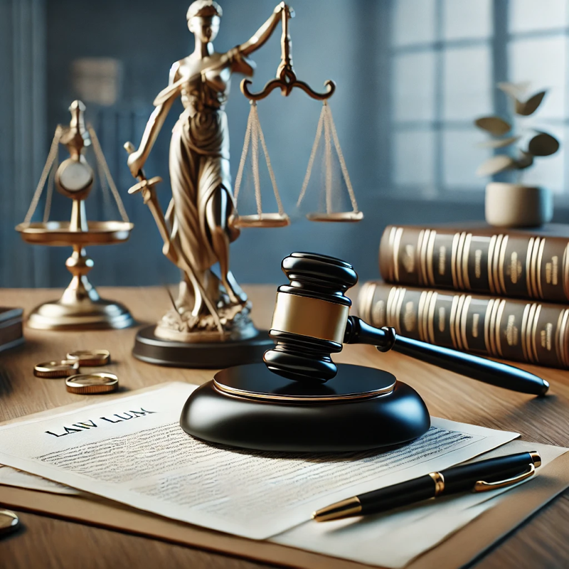 Una scrivania ordinata con bilancia della giustizia, martelletto legale e documenti ufficiali, simbolo di assistenza legale esperta e recupero crediti professionale.