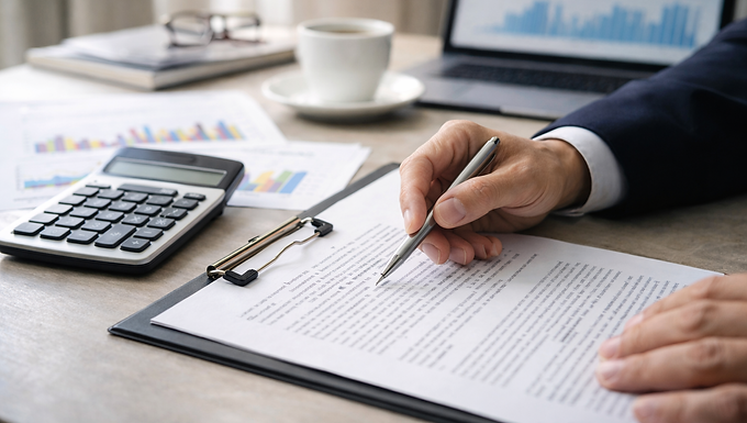 Mano che esamina un contratto con penna, calcolatrice e laptop sul tavolo — Studio Legale Zardo, Castelfranco Veneto–Montebelluna (Treviso).