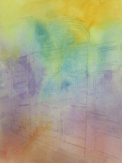 Full spectrum watercolor wash over a transferred doorway drawing