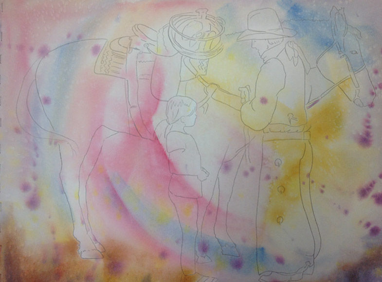 Colorful underpainting stage of a Colette Pitcher watercolor