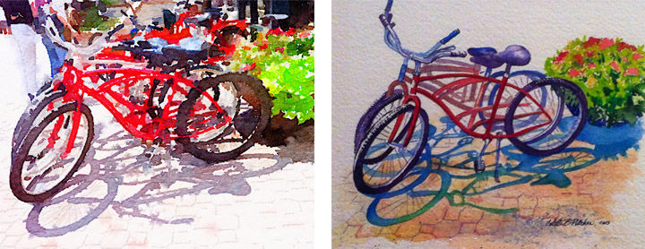 Side by side comparison of an app rendering and a hand painted watercolor