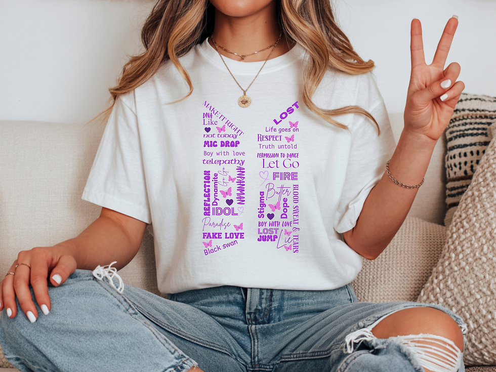 BTS bangtan t shirt with BTS songs and logo purple