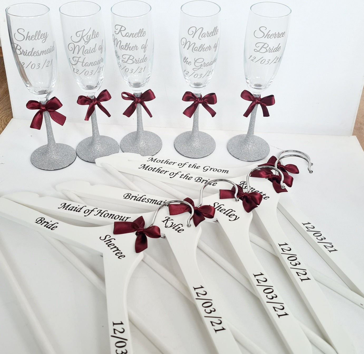 Wedding hanger and flute, with glitter stem and pretty bows