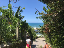 Trilha de acesso para a Lagoa do Meio na Praia do Rosa em um dia de sol.