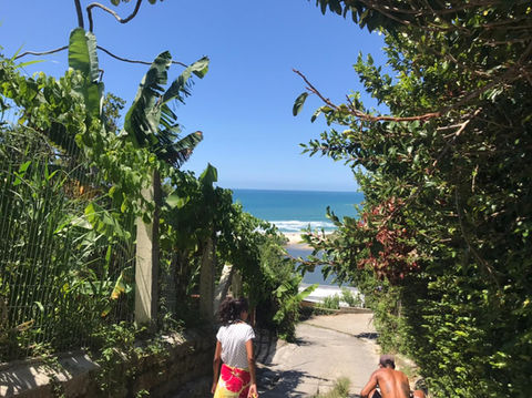 Trilha de acesso para a Lagoa do Meio na Praia do Rosa em um dia de sol.