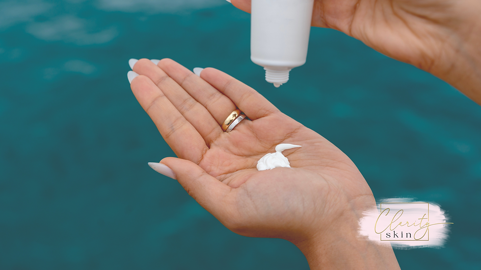 A person dispensing white skincare cream into their palm against a blue background, highlighting self-care and hydration – Clarity Skin logo in the corner.