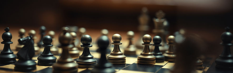 Blurred chess pieces on a board under warm light, with black and gold pawns and a tense, strategic mood.