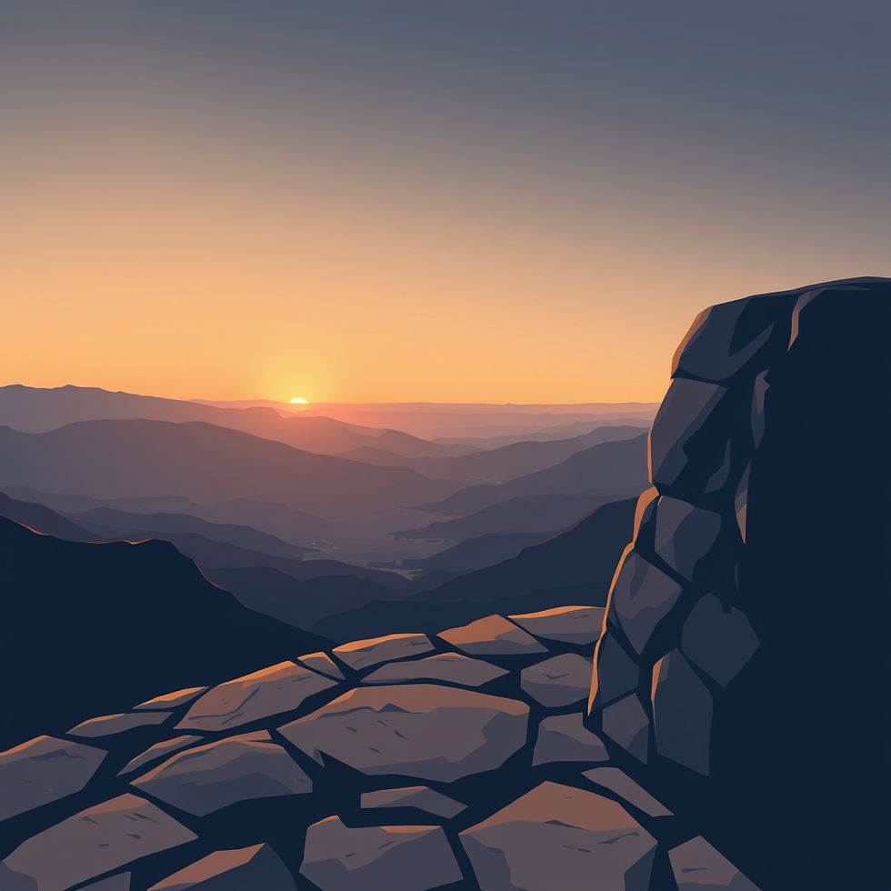 Stylized sunrise over layered mountains, with rocky cliff foreground and warm orange sky; serene, empty landscape.
