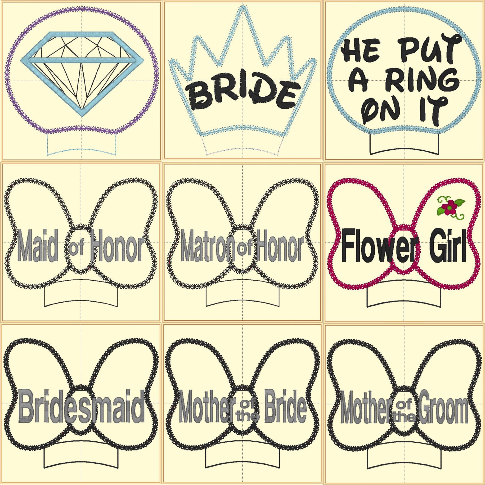 Bridal Party MEars 11-piece Set ITH Embroidery Design