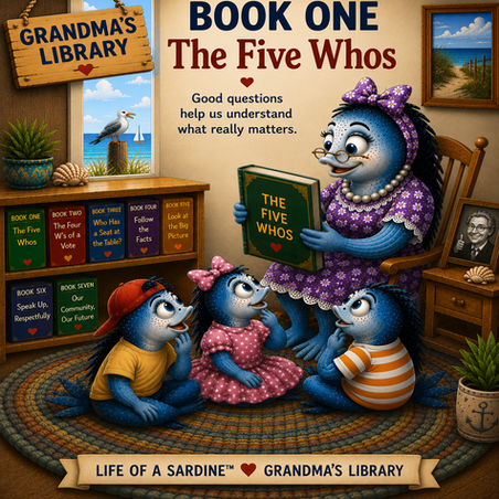 Grandma’s Library Book One, The Five Whos, with Mom Sardine reading to Finn, Pearl, and Tide.