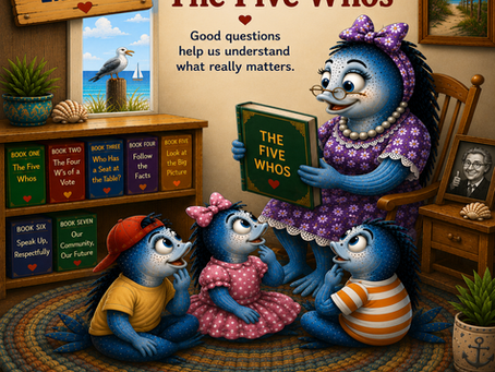 Grandma’s Library Book One, The Five Whos, with Mom Sardine reading to Finn, Pearl, and Tide.