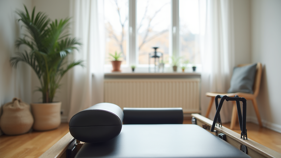 Close-up view of a Pilates reformer machine in a bright studio