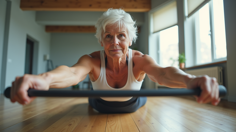 Eye-level view of a senior woman doing Pilates with a resistance band