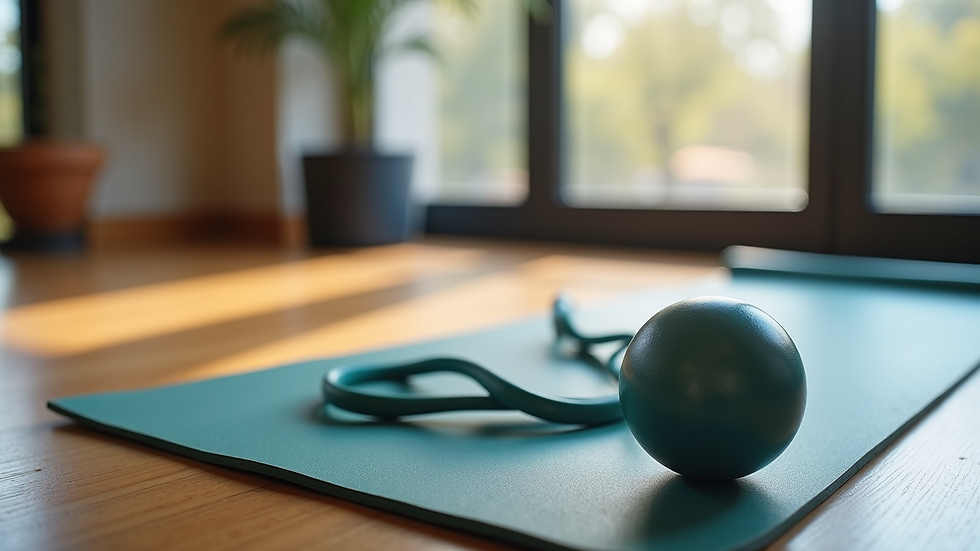 Close-up view of Pilates mat with resistance bands and a small ball
