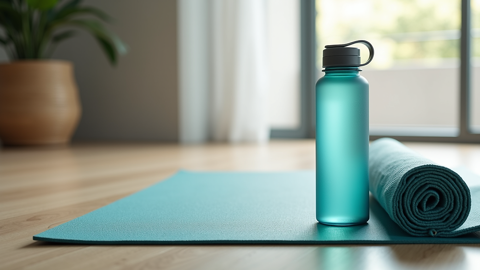 Close-up view of a Pilates mat with a water bottle and towel beside it