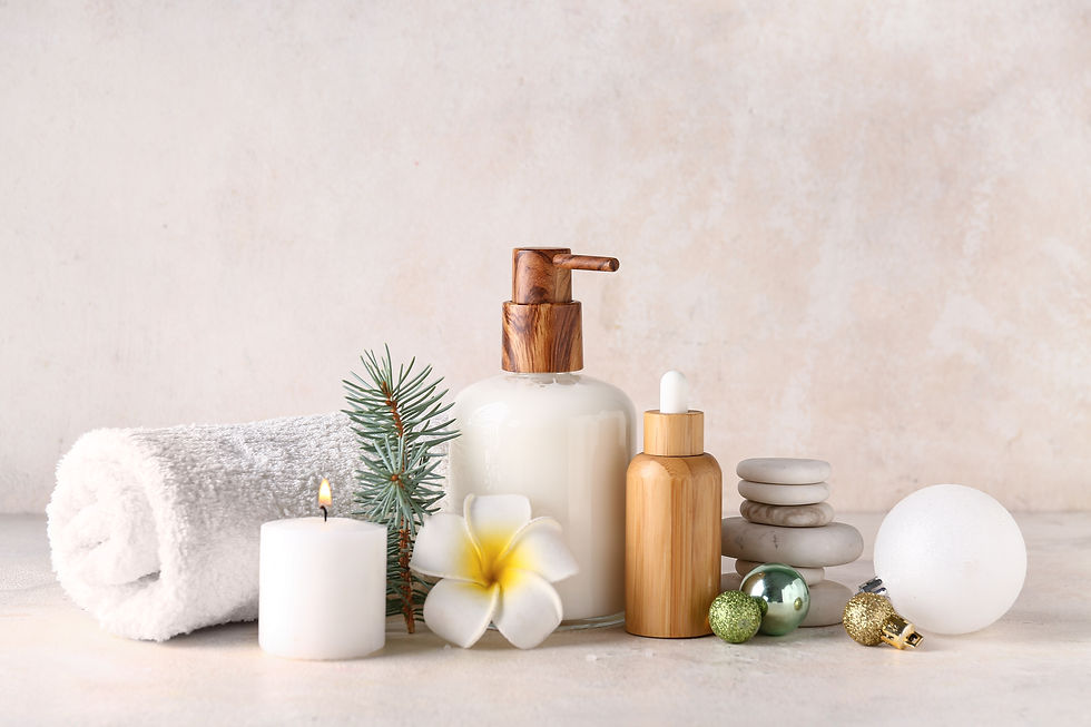 Beautiful spa composition with Christmas decorations on light background