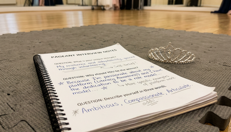 Close-up view of handwritten interview notes on a rehearsal mat with a tiara beside them.