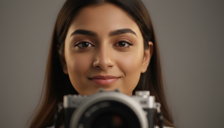 Close-up view of a model adjusting her facial expression during camera training