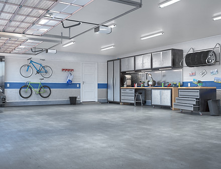 Photo of garage with storage cabinets